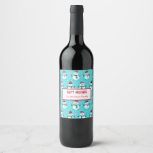 Festive Winter Wonderland Blue Snowmen Christmas Wine Label