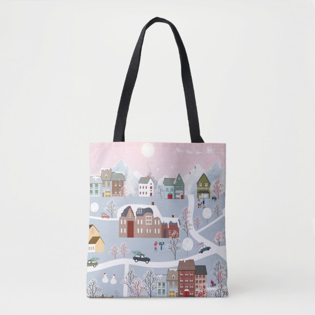 Festive Winter Wonderland: Nighttime Cityscape Tote Bag (Front)