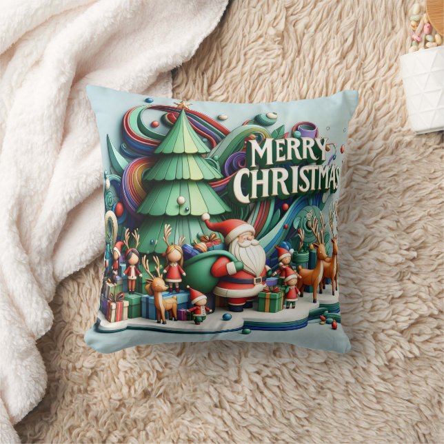 Festive winter wonderland with Santa and reindeer Cushion (Blanket)