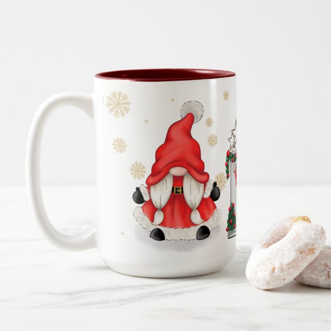 Festive with Gnome and Cozy Fireplace Two-Tone Coffee Mug (With Donut)