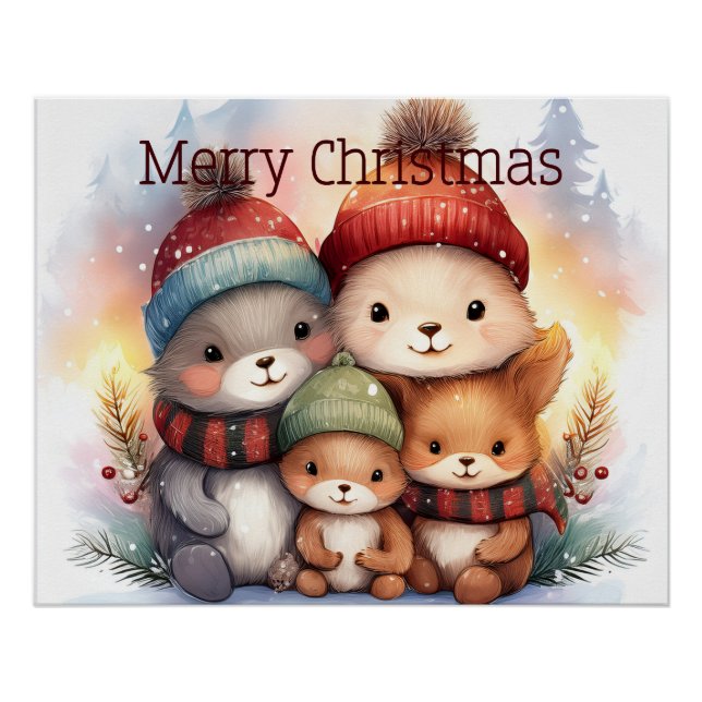 Festive Woodland Animal Family Merry Christmas Poster (Front)