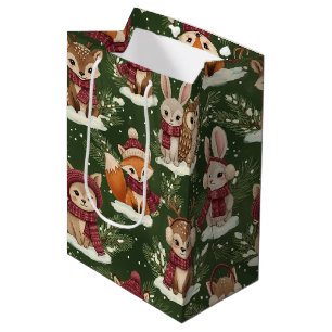 Festive Woodland Animal in Green Medium Gift Bag