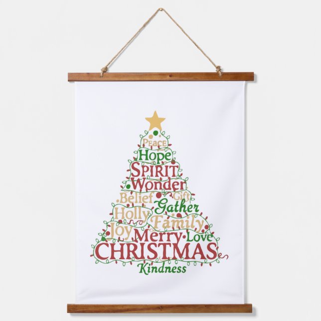 Festive Word Art Christmas Tree | Peace Hope Joy  Hanging Tapestry (Front)