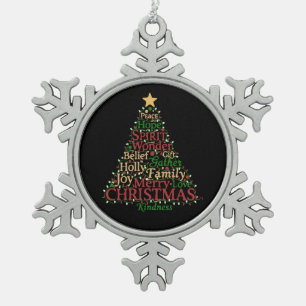 Festive Word Art Christmas Tree Peace Hope Joy Snowflake Pewter Christmas Ornament