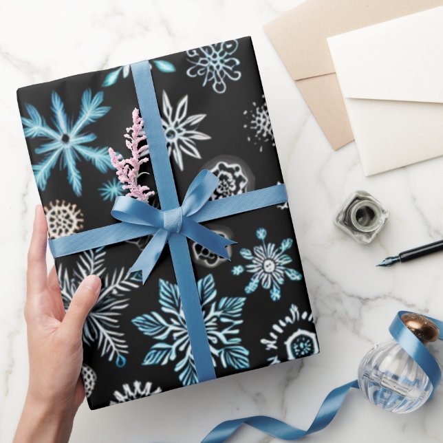 Festive Wrap Wonderland 'Blue Snowflakes on Black' Wrapping Paper (Gifting)