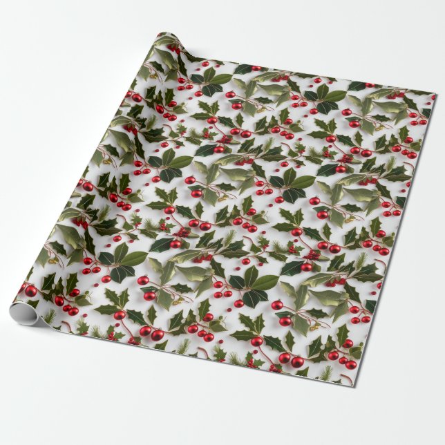 Festive Wrap Wonderland 'Holly Berries' Wrapping Wrapping Paper (Unrolled)