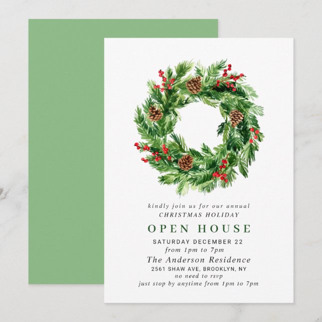 Festive Wreath CHRISTMAS HOLIDAY OPEN HOUSE Invitation (Front/Back)
