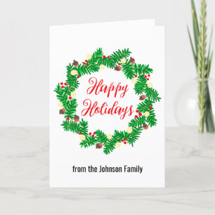 Festive Wreath Happy Holidays Custom Name Holiday Card