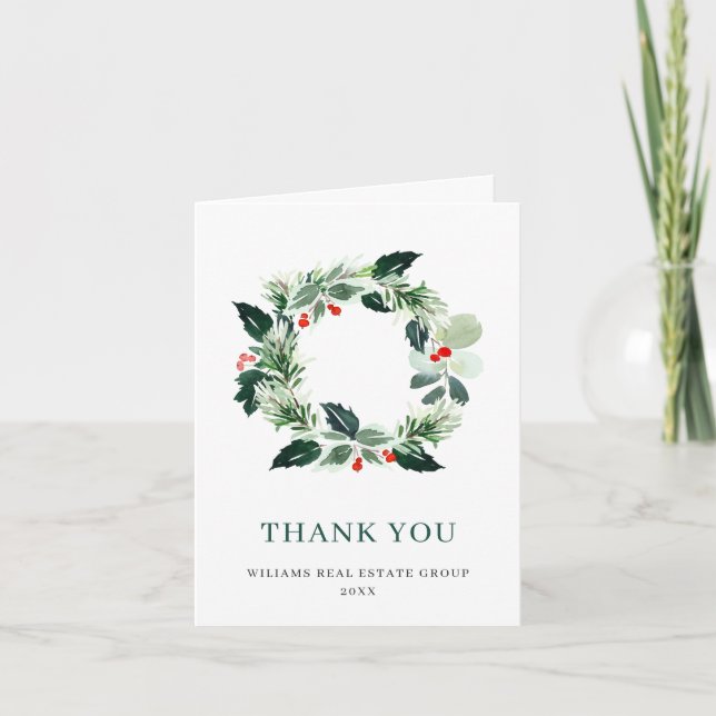 Festive Wreath Holly Berry Pine Forest Christmas Thank You Card (Front)