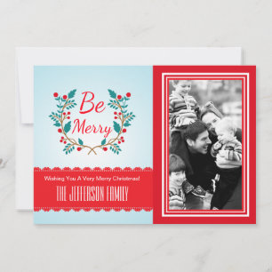 Festive Wreath Light Blue and Red Christmas Photo Holiday Card