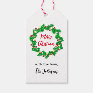 Festive Wreath Merry Christmas Custom Name Gift Tags