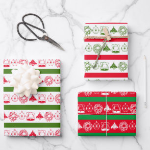 Festive Wreath, Ornament, Bell, Christmas Tree Wrapping Paper Sheet