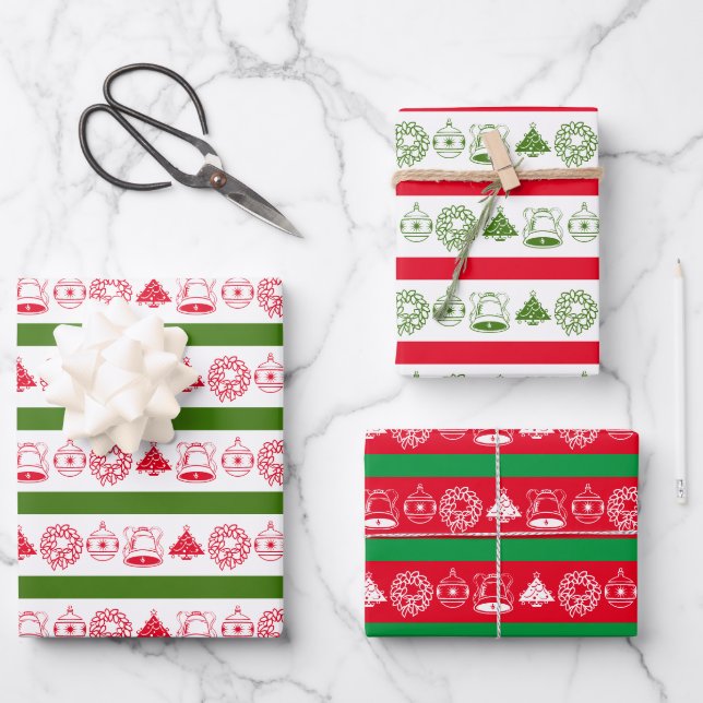 Festive Wreath, Ornament, Bell, Christmas Tree Wrapping Paper Sheet (Front)