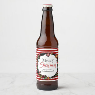 Festive Wreath & Red Stripes   Merry Christmas Beer Bottle Label