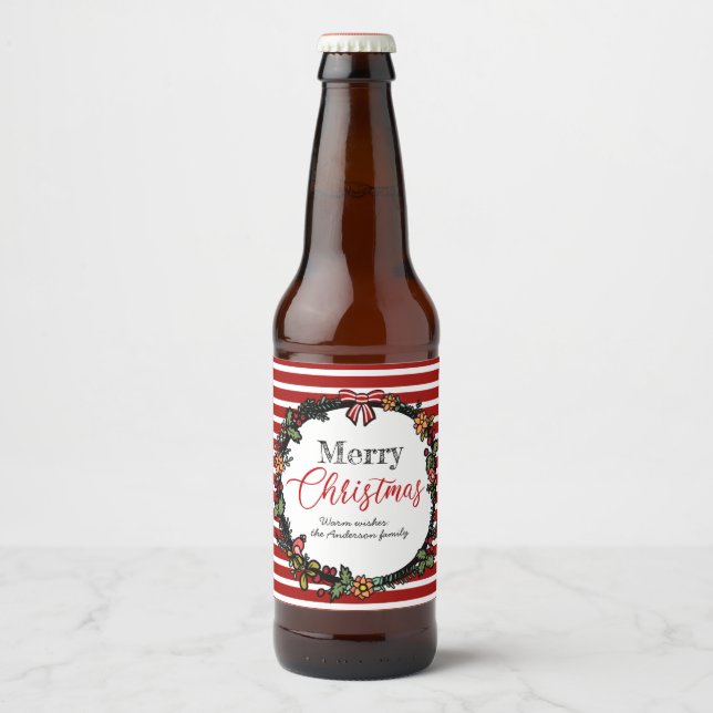 Festive Wreath & Red Stripes | Merry Christmas Beer Bottle Label (Front)
