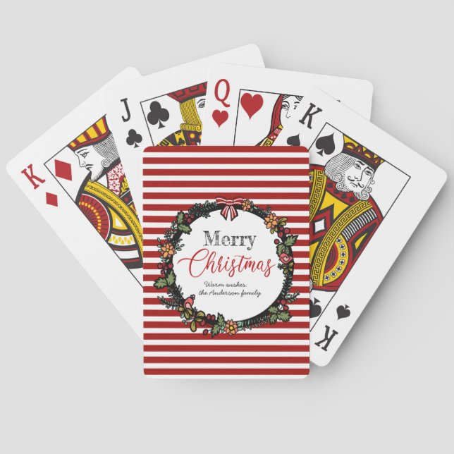 Festive Wreath & Red Stripes | Merry Christmas Playing Cards (Back)