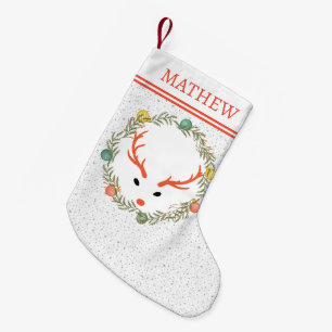 Festive Wreath & Reindeer With Monogram Holiday Small Christmas Stocking