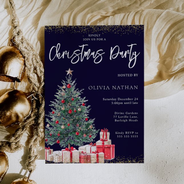 Festive Xmas Tree & Gifts Navy Christmas Party  Invitation (Creator Uploaded)