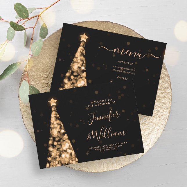 Festive Xmas Tree Gold Wedding Menu  Invitation (Festive Xmas Tree Gold Wedding Menu Invitation)