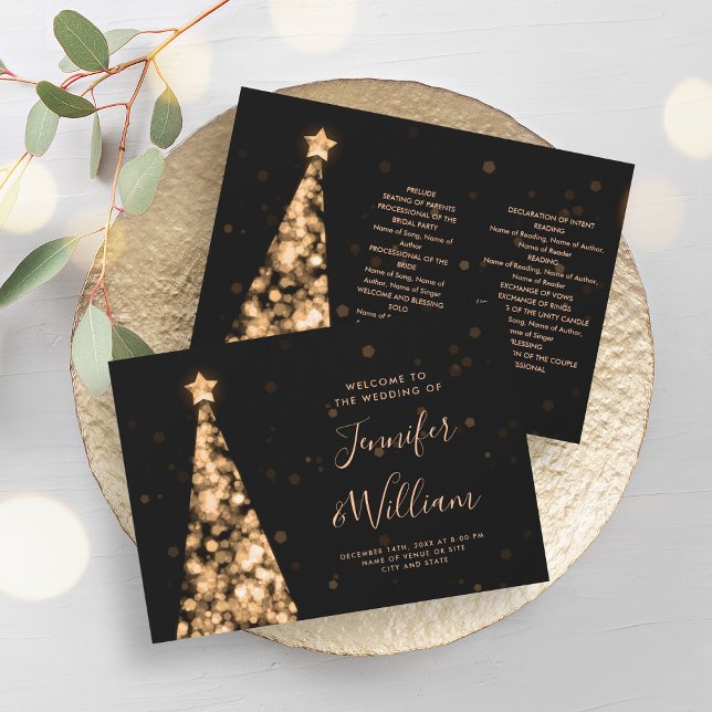 Festive Xmas Tree Gold Wedding Program Invitation (Festive Xmas Tree Gold Wedding Program)