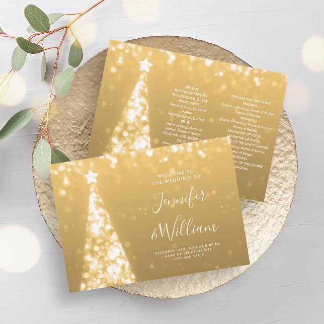 Festive Xmas Tree Gold Wedding Program Invitation (Festive Xmas Tree Gold Wedding Program)
