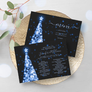 Festive Xmas Tree Navy Blue Wedding Menu Program Invitation