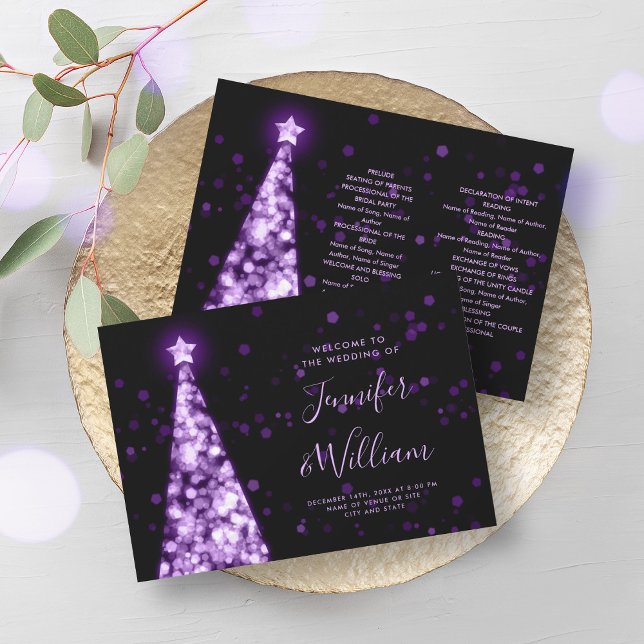 Festive Xmas Tree Purple Wedding Program Invitation (Festive Xmas Tree Purple Wedding Program)