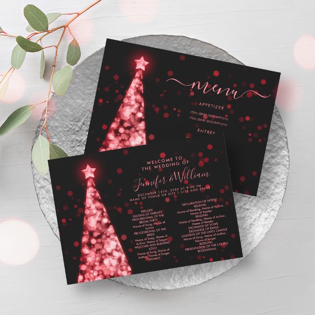 Festive Xmas Tree Red Black Wedding Menu Program Invitation (Festive Xmas Tree Red Black Wedding Menu Program)