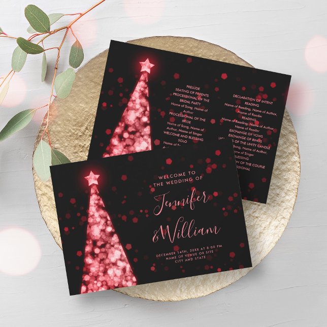 Festive Xmas Tree Red Black Wedding Program Invitation (Festive Xmas Tree Red Black Wedding Program)