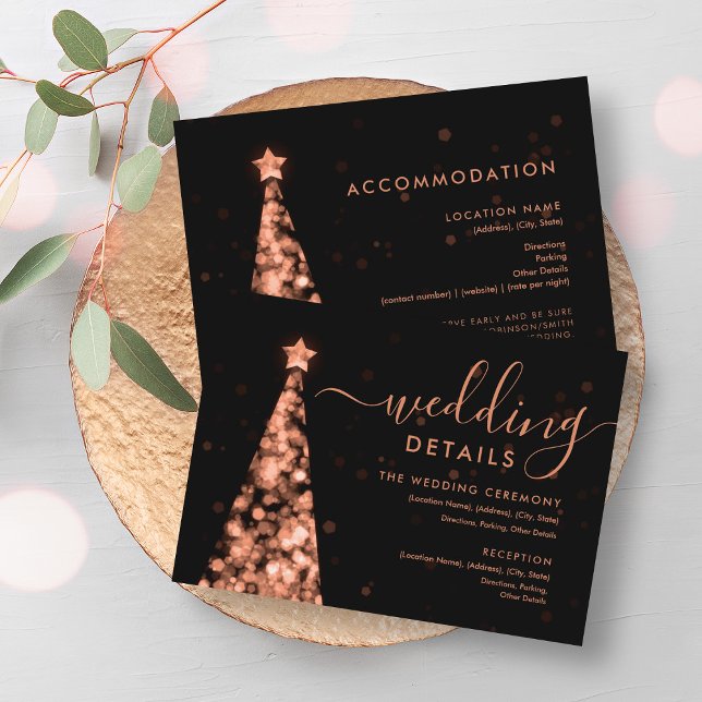 Festive Xmas Tree Rose Gold Wedding Details Card (Festive Xmas Tree Rose Gold Wedding Details Card)