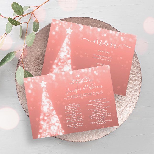 Festive Xmas Tree Rose Gold Wedding Menu Program Invitation (Festive Xmas Tree Rose Gold Wedding Menu Program)