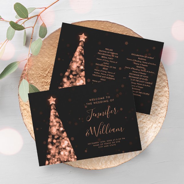 Festive Xmas Tree Rose Gold Wedding Program Invitation (Festive Xmas Tree Rose Gold Wedding Program)
