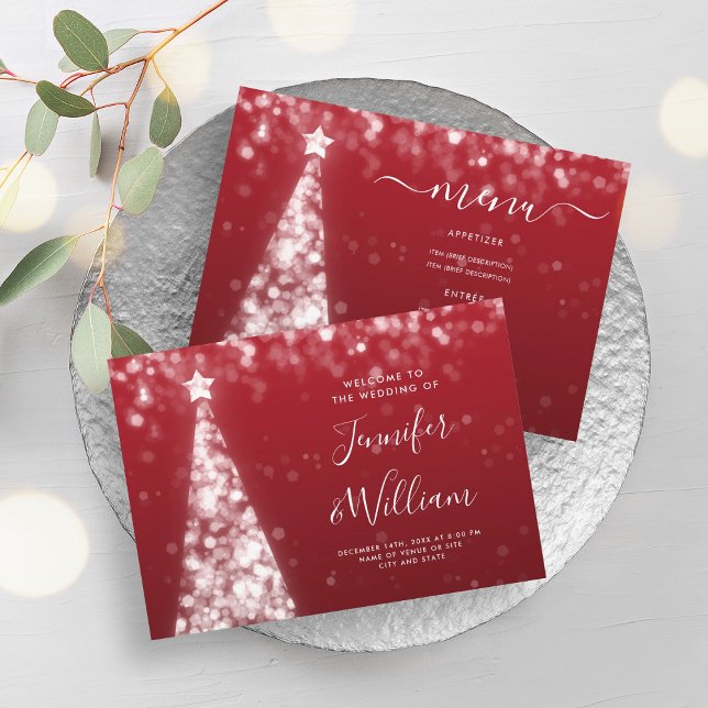 Festive Xmas Tree Silver Red Wedding Menu  Invitation (Festive Xmas Tree Silver Red Wedding Menu Invitation)