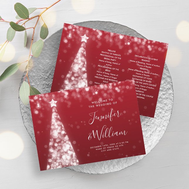 Festive Xmas Tree Silver Red Wedding Program Invitation (Festive Xmas Tree Silver Red Wedding Program)