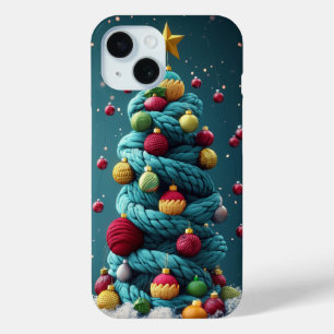 Festive Yarn Christmas Tree Green Red iPhone 15 Case