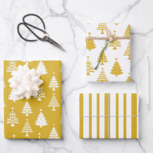 Festive Yellow and White Christmas Tree Pattern Wrapping Paper Sheet