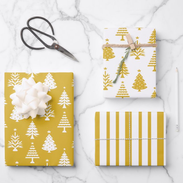 Festive Yellow and White Christmas Tree Pattern Wrapping Paper Sheet (Front)
