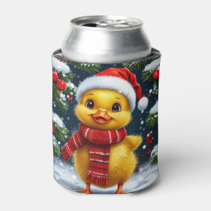 Festive Yellow Duckling in Santa Hat Can Cooler