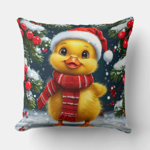 Festive Yellow Duckling in Santa Hat Cushion