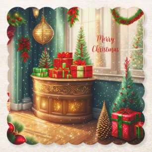 Festively decorated room, traditional Christmas Paper Coaster