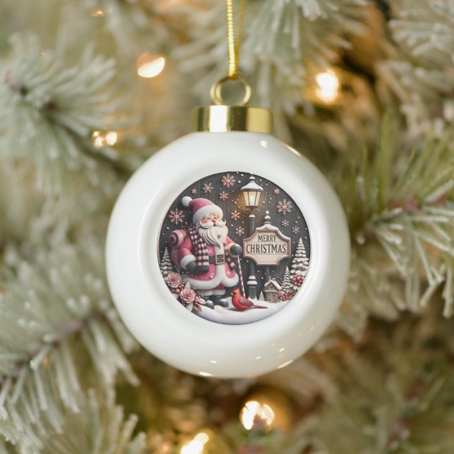 Festively Santa Claus with Christmas Details Ceramic Ball Christmas Ornament (Tree)