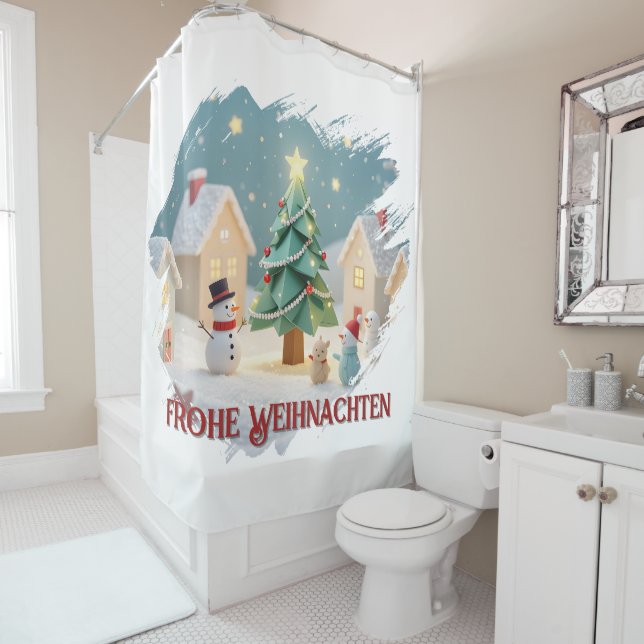 Festliche Weihnachtsszene mit Schneemännern Shower Curtain (In Situ)
