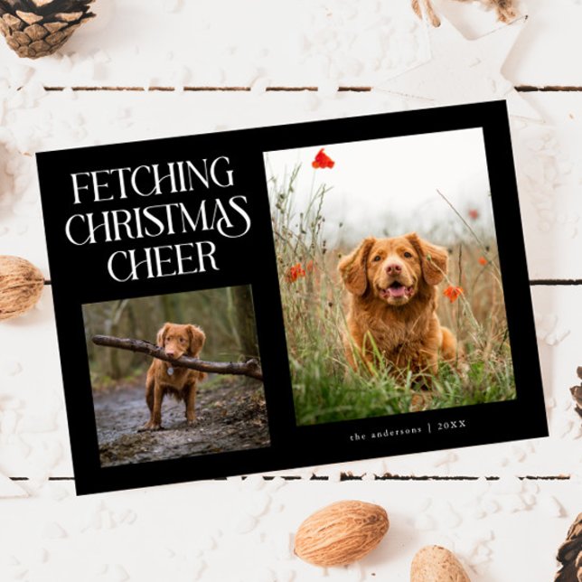 Fetching Christmas Cheer Black Dog Photo  Holiday Card (Creator Uploaded)
