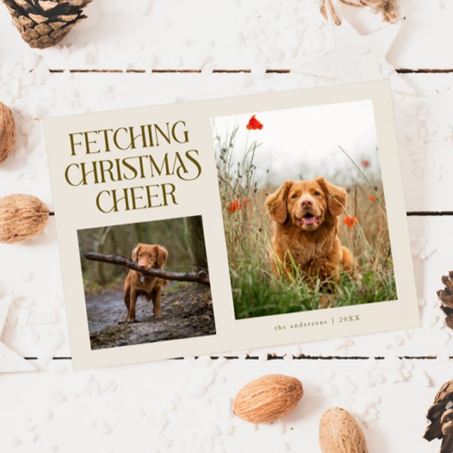 Fetching Christmas Cheer Cream Dog Photo  Holiday Card (Creator Uploaded)