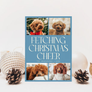 Fetching Christmas Cheer Dog Photo Denim Blue Holiday Card