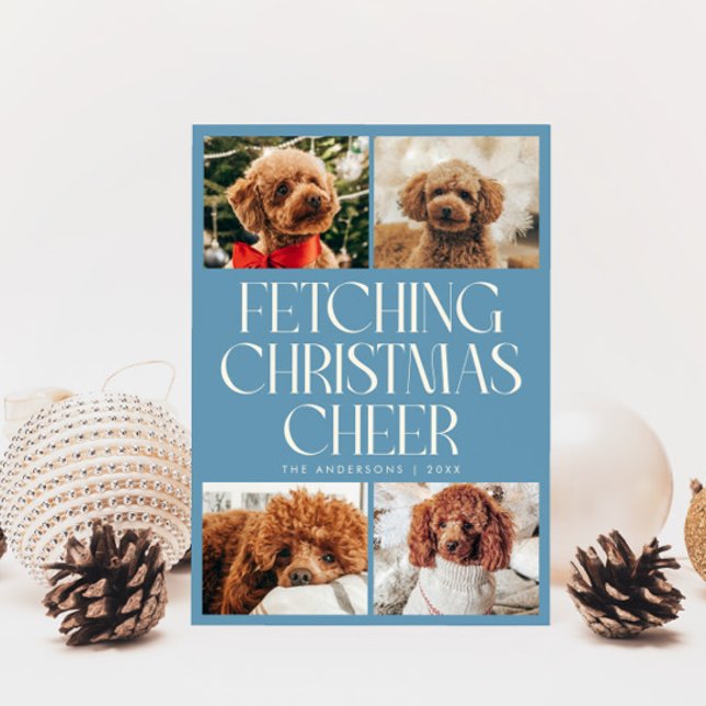 Fetching Christmas Cheer Dog Photo Denim Blue Holiday Card (Creator Uploaded)