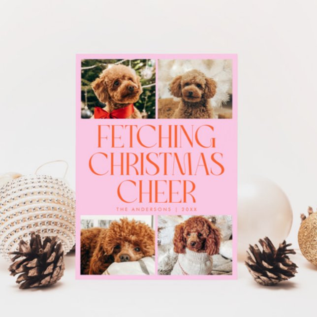 Fetching Christmas Cheer Dog Photo Orange Pink Holiday Card (Creator Uploaded)