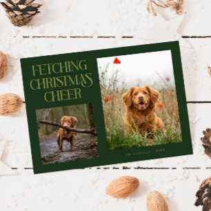 Fetching Christmas Cheer Green Dog Photo  Holiday Card