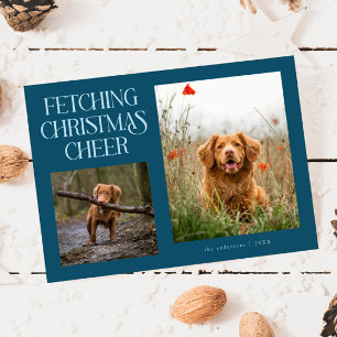 Fetching Christmas Cheer Teal Dog Photo Holiday Card