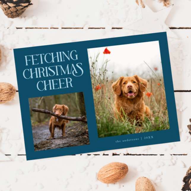 Fetching Christmas Cheer Teal Dog Photo  Holiday Card (Creator Uploaded)